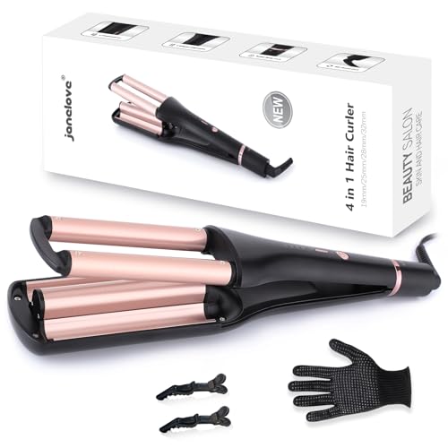 Janelove 4-in-1 Hair Crimper & Waver, 4 Wave Styles, Adjustable Temp, LED Display