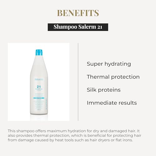 Salerm - Hydrating Shampoo 21 Silk Protein - 1000 ml - for Dry and Damaged Hair - with Silk Proteins - Nourishes, Repairs, and Revitalizes Hair - Heat Protection