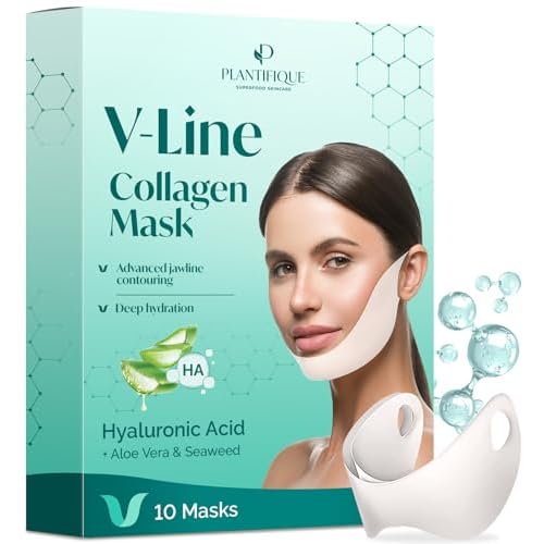 PLANTIFIQUE V-Line Collagen Mask for face 10 PCS Chin Strap for Double Chin Women & Men and Gold Under Eye Patches for Puffy Eyes and Dark Circles 20 Pairs Under Eye Masks for Dark Circles