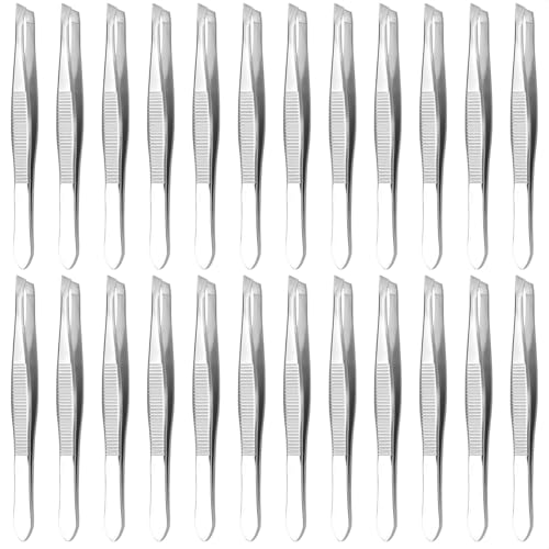 24-Pack Stainless Steel Slanted Tweezers 3.5in - Eyebrow & First Aid