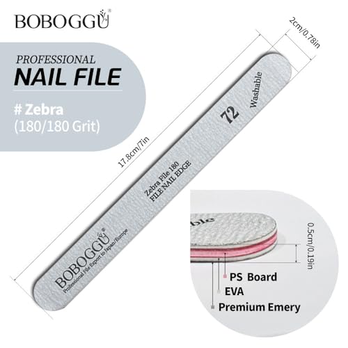 BOBOGGU 72 Korean Professional Nail Files 25PCS Double Sided Emery Board (180/180 Grit) Reusable Washable Durable Suitable for All Kinds of Nails, Zebra Color 180 Grit Nail File
