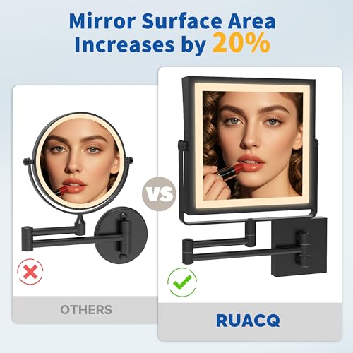 Ruacq Rechargeable Wall Mounted Makeup Mirror with Lights, Double Sided 1X/10X Magnifying Vanity Mirror with 3 Color Lighting, Touch Screen Dimmable, 360¡Æ Rotation Extension Foldable Arm(Matte Black)