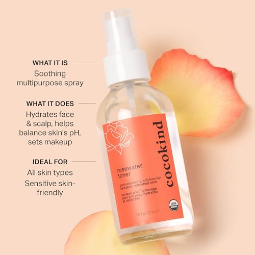 Rosewater Facial Toner by Cocokind, Multipurpose Spray to Set Makeup, Double Cleanse, and Balance Skins pH, Made with Rose Hydrosol, 4 Fl Oz