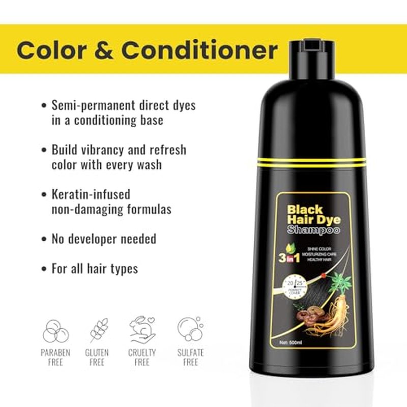 KINGMING Black Hair Dye Shampoo 3-in-1 for Gray Coverage 500ml