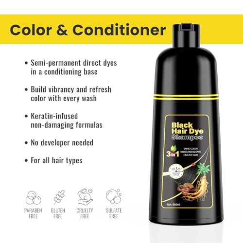 KINGMING Black Hair Dye Shampoo 3-in-1 for Gray Coverage 500ml