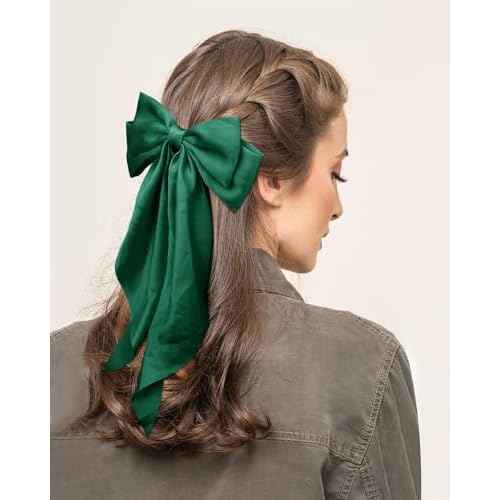 Large Silky Satin Bows 3Pcs Green Hair Ribbons for Women - Cute Coquette Bow Clips with Long Tails and Ponytail Barrettes