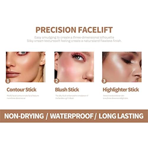 4PCS Contour Stick - Highlighter And Cream Blush Stick 4 Colors Kit - Moisturizer, Face Brightens & Shades Pencil, Facial Shaping Makeup Sticks for Older Women & Mature Skin