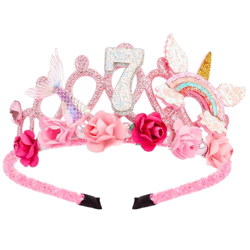 SuPoo Pink 7th Birthday Flower Crown Headband for Girls - Princess Tiara, Lightweight & Durable, Fits 4.5-inch Diameter