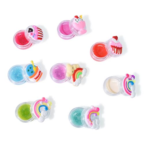 8PCS Cute Lip Gloss for Girls, Party Favors Lip Balm Set for Kids, Assorted Fruity Flavors Cute Cupcake of Rainbow Designs Birthday Gift