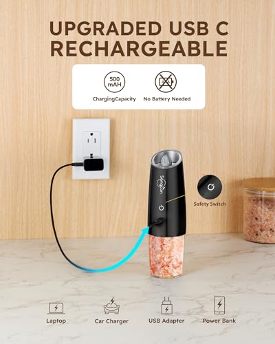 Sangcon Gravity Electric Salt and Pepper Grinder RECHARGEABLE Automatic Salt Pepper Shaker USB-C No Battery Needed - LED Light One Hand Operation, Adjustable Coarseness Pepper Mill 1pc