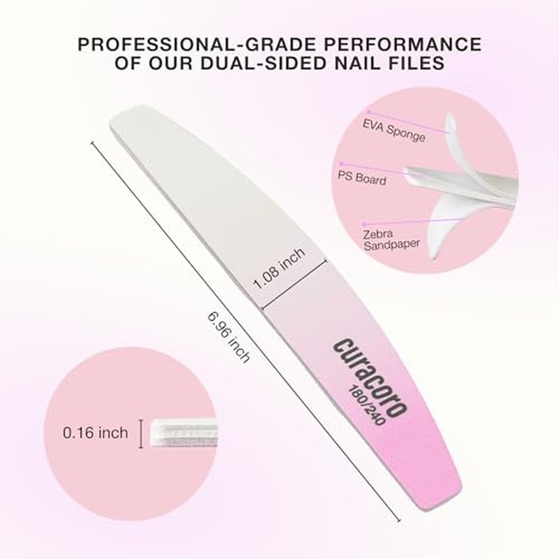 Curacoro 10Pcs Half-Moon Nail File Dual-Sided 180/240 Grit