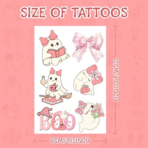 Pink Bow Ghost Temporary Tattoos Stickers - 12 Pack