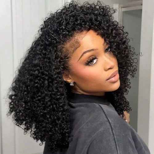 Kinky Curly Half Wig Human Hair Drawstring Seamless Flip Over Half Curly Wig Human Hair Invisible Hairline Glueless Wear and Go Wigs For Black Women Beginner Friendly 22Inch 200% Density