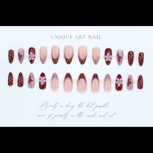 UZJXQ Medium Almond Press-On Nails 3D Flower & Polka Dot Style-15 Short