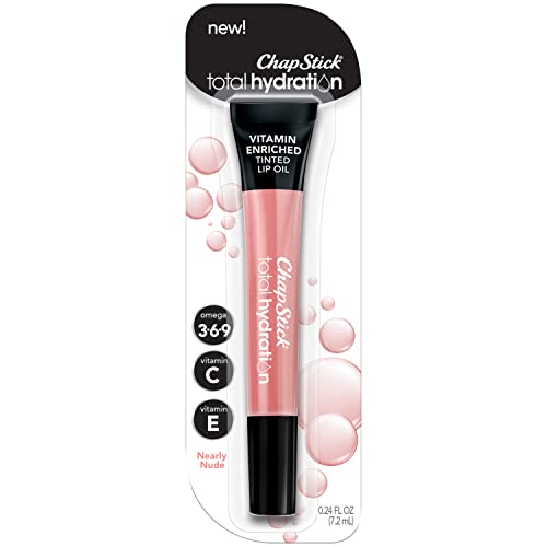 ChapStick Total Hydration Vitamin Enriched Tinted Lip Oil (Nearly Nude, 1 Tube), Vitamin C, Vitamin E, Contains Omega 3 6 9, 0.24 Ounce