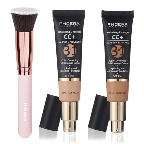 PHOERA CC Cream Foundation With SPF,PHOERA Full Coverage Foundation Color Correcting Cream,Anti Aging Hydrating Serum & SPF 25+ Sunscreen Natural Finish1.08 floz (120 Nude+140 Buff Beige)