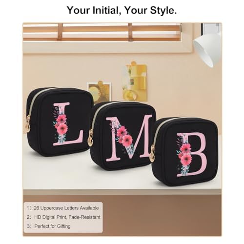 Relavel Initial Mini Makeup Bag for Girls, Small Makeup Bag for Purse with Zipper £¦ Removable Handle, Portable Makeup Pouch Lipstick Skincare Bag, Small Gift Cosmetic Bags for Women Girls(Black T)