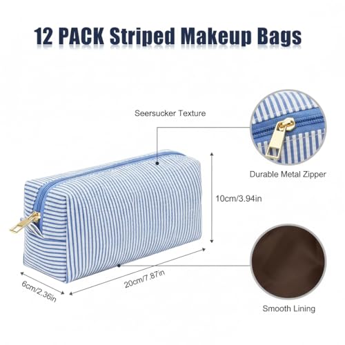 12 PACK Makeup Bags Bulk-Easter Gifts/Seersucker Bulk Cosmetic Bags/Bridesmaid Proposal Gifts/Makeup Pouch for Wedding Party Favors Birthday/Teacher/Mothers Day Gifts/Toiletry Travel Bags(12, Blue)
