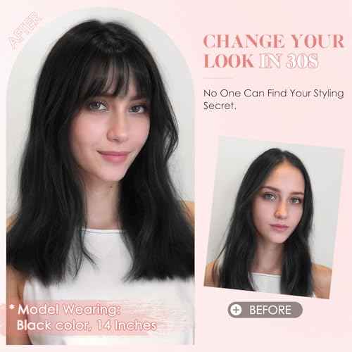 Hairro Human Hair Topper with Wispy Bangs, Clips on 360¡Æ 3D Cover Real Hairpieces Lightweight, 2.25"x6" Base for Women with High Hairline/Thinning Hair, 14 Inch Natural Black Bangs