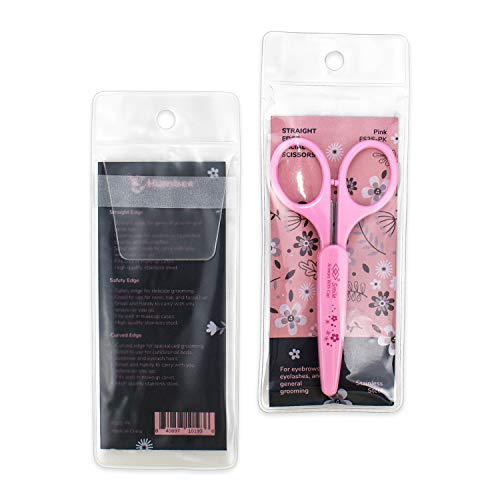 Humbee Eyebrow Scissors, Small Scissors for Facial, Nose, Eyebrow, Mustache, and Beard Hair Trimming & Grooming, Straight Edge, Pink Long Cap