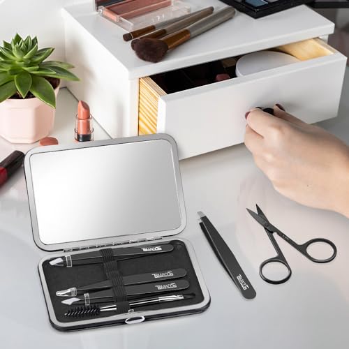 TsMADDTs Tweezers Set for Men - Professional Eyebrow Tweezers for Hair & Ingrown Hair Plucking with Scissor, Mirror, Travel Case (Black)