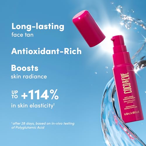 Coco & Eve Anti-Aging Tanning Serum - Face tanner with Skincare Actives for Gradual, Hydrating Glow. Natural Self Tanning Bronzer, with Niacinamide & Antioxidants for Healthy Glowing Skin (1.01 Fl Oz)