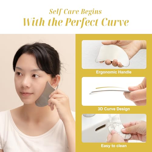 SHUHU Stainless Steel Gua Sha Facial Tool for Face & Body ? Jawline Sculptor & Puffiness Relief ? Face Massage Tool for Lymphatic Drainage, Tension & Muscle Relief, with Travel Pouch