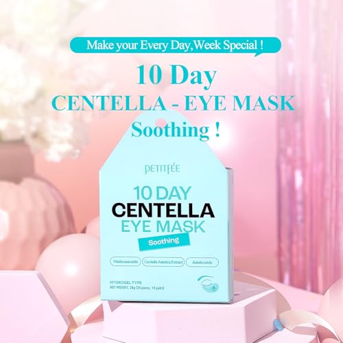 Petitfee 10 DAY Eye Mask Centella 20pcs (10pairs) - Soothing Eye Patch, Calming Eye Area with Madecassoside, Centella Asiatica Extract, Asiaticoside, travel friendly, lightweight