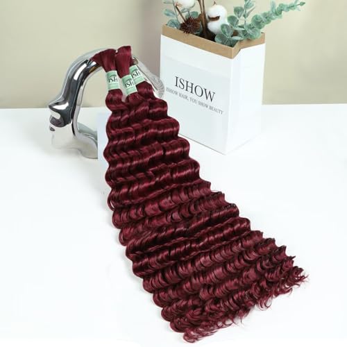 ISHOW 24 Inch Deep Wave Bulk Human Hair - Red Burgundy 99J