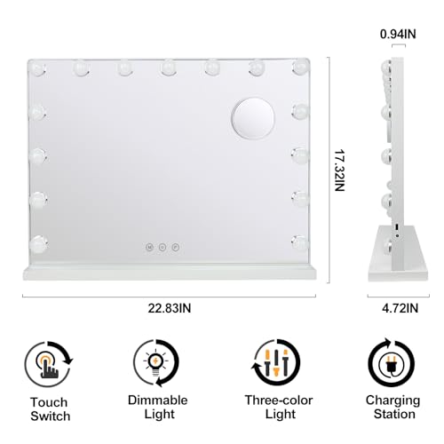 Depuley Vanity Mirror with Lights, 23In Hollywood Large Lighted Makeup Mirror with Smart Touch Control Screen & USB-Powered 15 Dimmable LED Lights for Dressing Room, Bedroom, Tabletop, White