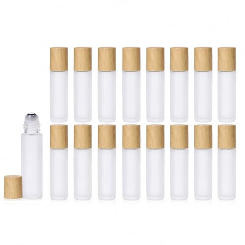 16 Pack 10ml Frosted Glass Roller Bottles with Wooden Caps