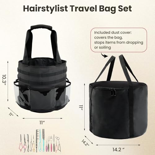 Hairstylist Travel Bag, with Dust Cover, 11L Large Capacity, Heat-Resistant Interior, Clear Pockets, 24 Hook-and-loop Slots, Top Drawstring, Makeup & Pet Grooming Supplies Organizer