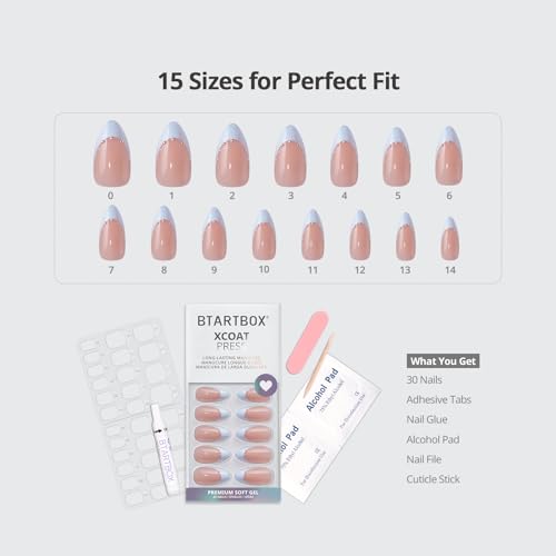 BTArtbox Press On Nails - Something Blue, Medium Almond, French Tip - 30Ct All-in-One Kit