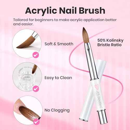 Beetles Acrylic Nail Brush Kolinsky Hair Bristles Round Shaped Metal Handle Nail Art Brushes for Acrylic Powder Manicure Extension DIY at Home Manicure Tool - Size 8