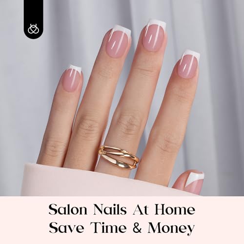 Beetles X Press Plus Gel Nails Kit | Pink French Tip Press On Nails Short Square | 15 Sizes 150Pcs All-in-One Kit With Nail Glue,Remover,Builder Top Coat,Nail Lamp Gift For Women