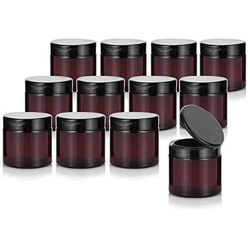 (12 Pack) 16 oz Amber PET Plastic Refillable Jar with Black Flip Top Cap