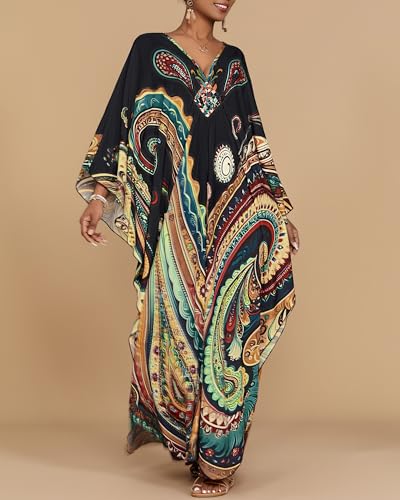 Bsubseach Plus Size Kaftan Dress with Pockets - Ethnic Print Beach Cover Up