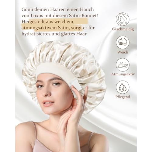 mikimini Satin Bonnet for Sleeping, Adjustable Silk Bonnets for Women, Soft Large Hair Bonnet for Curly Hair Long Hair and Braid with Elegant Creamy Dots Design