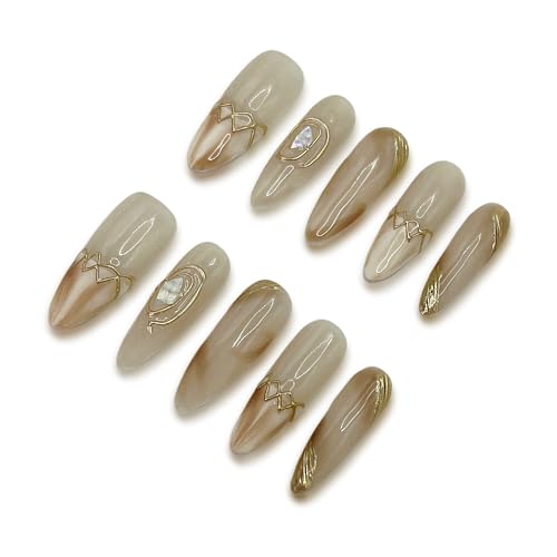 Yabonica Handmade Press On Nail French Long Almond Lasting Fake Nail Tip Charm Gradient French 3D Handmade Design Fast Glue on Nail Tips 10 pcs with Storage Box (007, L)