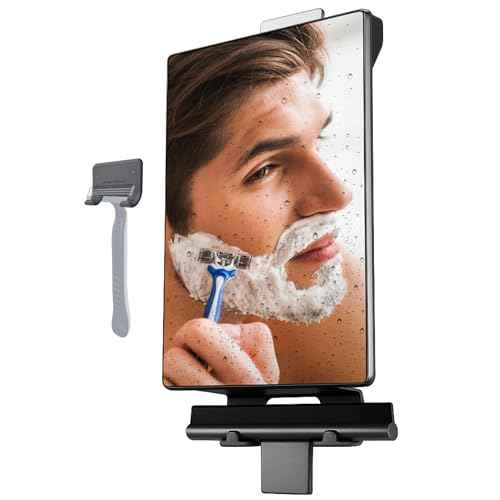 HONEYBULL Fogless Shower Mirror for Shaving ? Anti Fog Mirror for Shower with Water Tank, Adhesive Hook Mount, Bonus Razor Holder & Squeegee ? for Men and Women, Small Bathroom Accessory (Black)