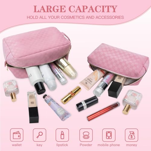 2 Pieces Large Checkered Makeup Bag Cosmetic Bag for Women Travel Toiletry Make Up Brush Bag Pack Organizer Travel Accessories for Women (Pink)