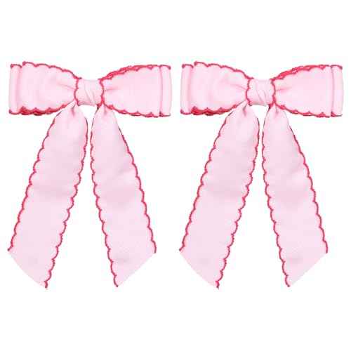 5 Inch Hair Bow Clips Edged Grosgrain Ribbon Hairpins Handmade Hair Accessories with Alligator Clips for Girls Women, Pink with Rose Red