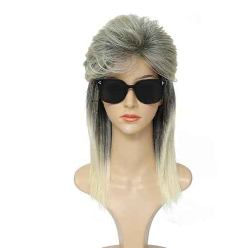 ByouByou Mullet Wigs for Women Curly Synthetic Heat Resistant Shoulder Length Hair 80s Rocker Cosplay Wigs (Blonde Mixed Black)