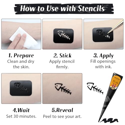 7Pcs Black Temporary Tattoo Cones - Natural Henna Paste Kit