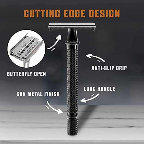 SHAVING REVOLUTION Long Handle Double Edge Safety Razor - Butterfly Open Razor with 10 Japanese Stainless Steel (Black)