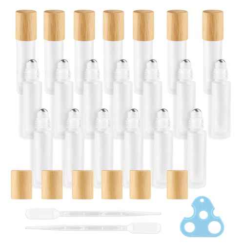 20 Pcs 10ml White Frosted Glass Essential Oil Roller Bottles with Bamboo Lid Refillable Deodorant Containers with Stainless Steel Roller Balls Roll-on Bottles for Perfume Lip Gloss