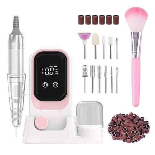 Professional Nail Drill Electric 35000RPM Pink Nail File for Acrylic Gel Nails Polish Removing Portable Cordless Rechargeable Nail Drill Kit with Base for Home Salon Manicure Pedicure