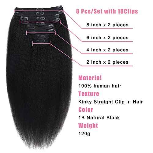 Kinky Straight Human Hair Clip in Extensions 120g Full Head Clip ins for Women 100% Unprocessed Brazilian Virgin Human Hair Yaki Straight Clip ins Remy Hair Natural Black 8Pcs 18Clips 18inch