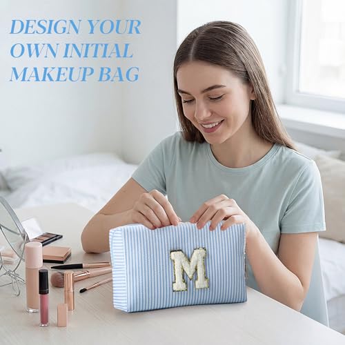 Light Blue Seersucker Cosmetic Bags 8 Pack with A-Z Chenille Letter Patches - Travel & Makeup Organizer