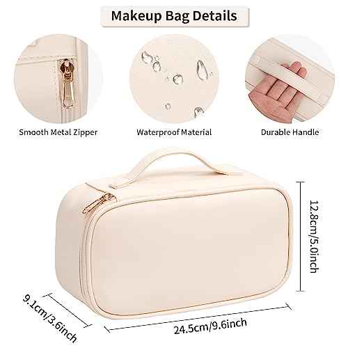 OCHEAL Small Makeup Bag,Portable Cute Makeup Pouch Travel Bag for Women and Girls with Makeup Brush Compartment Organizer cosmetics Bags-Beige